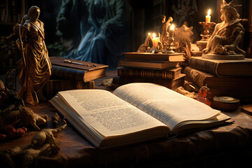 A scholar's desk with an open manuscript of a classic Greek epic. Generative Ai.