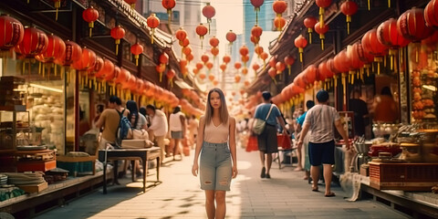 China food market street in Beijing. Chinese tourist walking in city streets on Asia vacation tourism