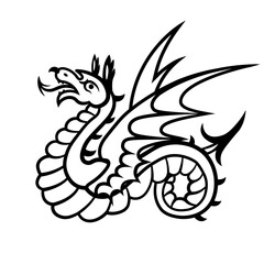 Heraldic dragon snake with wings. Symbol, sign, line, icon, silhouette, tattoo. Black. Isolated vector illustration.