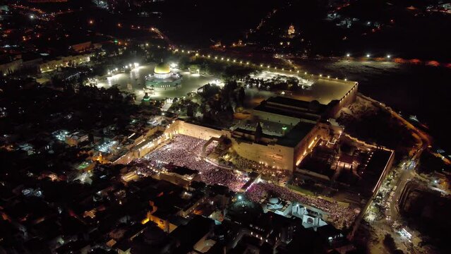 The kotel full of jewish prayers at night, spetmeber, aerial

Forgiveness Prayers at The Hebrew month of Elul, before yom kipur, drone view, September 2023
