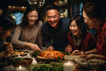 A family gathering around a table, preparing traditional Chinese New Year dishes. Generative Ai.