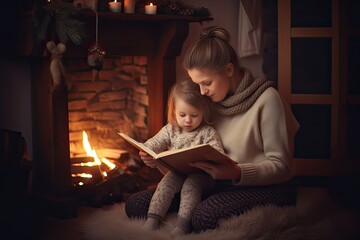 Fototapeta na wymiar Mother reads story to son by fireplace, Christmas tree in background., generative IA