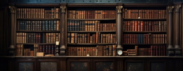 A bookshelf filled with books and a clock - obrazy, fototapety, plakaty