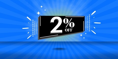 2% off limited special offer. Banner with two percent discount on a  blue background with black square - obrazy, fototapety, plakaty