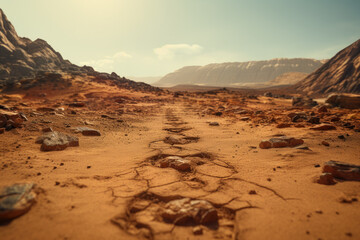 The first footprint on Mars, marking human presence on the planet. Generative Ai. - obrazy, fototapety, plakaty