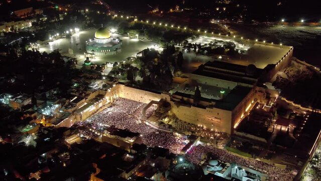 The western wall full with jewish prayers at night, spetmeber, aerial

Forgiveness Prayers at The Hebrew month of Elul, before yom kipur, drone view, September 2023
