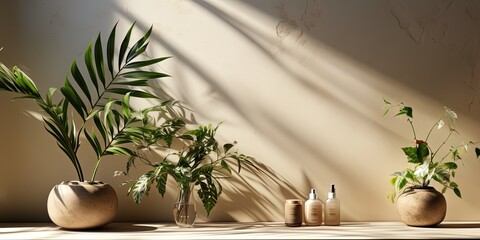Blank beige brown cement curve counter podium with texture, soft beautiful dappled sunlight, leaf...