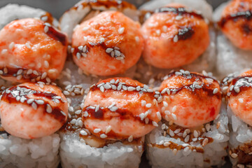 Sushi rolls baked with sesame seeds and with teriyaki sauce, close-up, selective focus