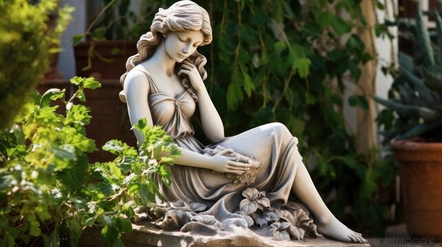 a female garden statue in a sitting position surrounded by lush foliage in a Serene Garden-themed image as a JPG horizontal format. Generative ai