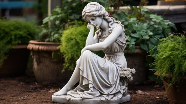 a female garden statue in a sitting position surrounded by lush foliage in a Serene Garden-themed image as a JPG horizontal format. Generative ai