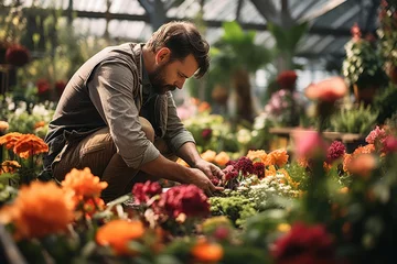 Fotobehang A gardener meticulously arranging flowers in a botanical garden. Concept of horticultural creativity. Generative Ai. © Sebastian