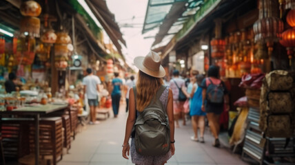 Woman traveling in city lifestyle china town street food market Bangkok, Thailand. - obrazy, fototapety, plakaty