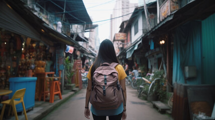 Fototapeta premium Woman traveling in city lifestyle china town street food market Bangkok, Thailand.