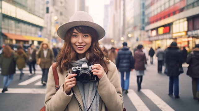 Woman tourist is visiting in Tokyo, Japan.