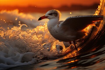 Surfer tamed gold wave to sunset., generative IA