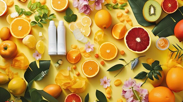 An attractive summer fitness flatley in a modern style with bright, sun-soaked colors. Fitness accessories such as dumbbells, yoga mat and refreshing water bottle.