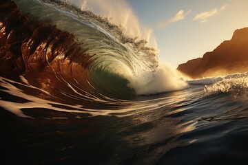Surfer dominating gold wave to sunset, among imposing cliffs., generative IA