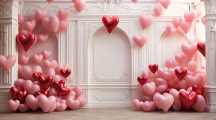 Heart-shaped balloons in pink and red
