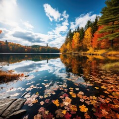 Obraz premium Serene lake reflecting colorful autumn trees