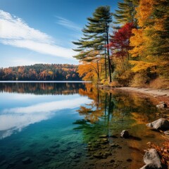 Serene lake reflecting colorful autumn trees