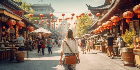 China food market street in Beijing. Chinese tourist walking in city streets on Asia vacation...