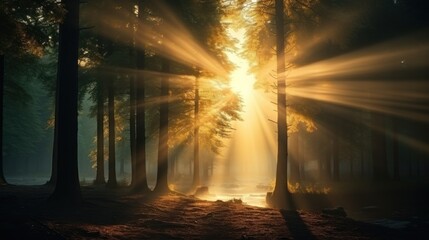 Tranquil misty autumn forest with sun rays