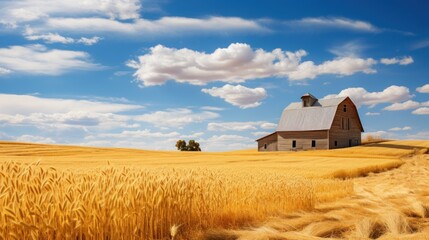 Rustic barn nestled in golden wheat field