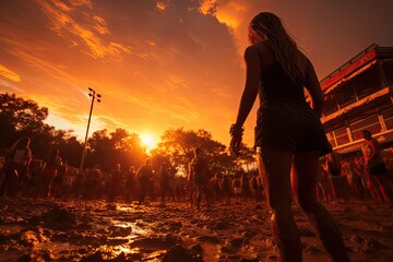 Passionate athletes play volleyball at dusk on a vibrant sand court., generative IA