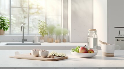 a fitness breakfast spread on a clean, minimalist kitchen countertop. wholesome ingredients and...