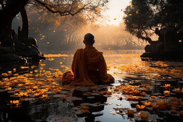 Monk meditating in serene garden at dusk, surrounded by nature., generative IA - obrazy, fototapety, plakaty