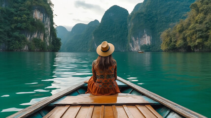  Happy solo traveler asian woman with hat relax and sightseeing on Thai longtail boat in Ratchaprapha Dam at Khao Sok National Park, Surat Thani Province, Thailand.generative ai