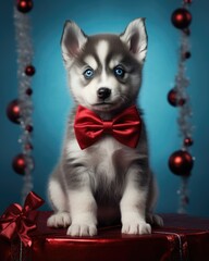 Fototapeta na wymiar A cute husky puppy dressed up in a stylish red bow tie