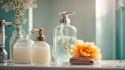 Obraz na płótnie Canvas Liquid soap in a bottle, flowers, bathroom