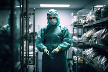 Morgue technician in full protective gear - obrazy, fototapety, plakaty
