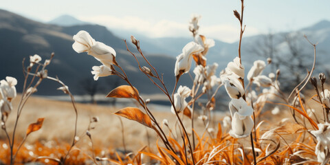 Beautiful fall winter plant life blowing in the wind on the edge of a mountain side forest. - obrazy, fototapety, plakaty