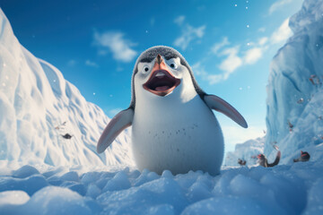 A clumsy penguin sliding on its belly across an icy slope, its fellow penguins looking on in amusement. Concept of playful penguins. Generative Ai.