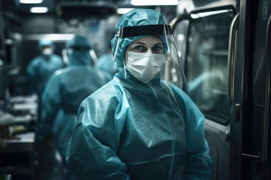 Morgue technician in full protective gear