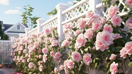 Fototapeta na wymiar a white modern lattice fence as it serves as a delicate backdrop to vibrant, blossoming roses, adding a touch of elegance to the scene.
