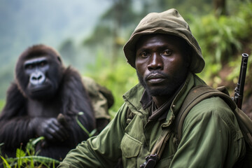 Obraz premium Ranger safeguarding Mountain gorilla, showcasing his commitment to their protection