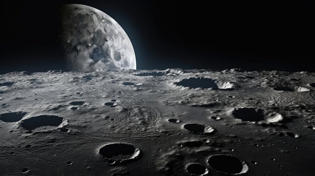 an up-close of the Moon in a Planetary-themed image as a JPG horizontal format. Generative ai