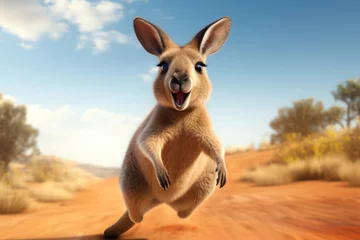 Fotobehang A kangaroo with a comical expression, caught mid-hop with its legs wildly outstretched. Concept of kangaroo bounce. Generative Ai. © Sebastian