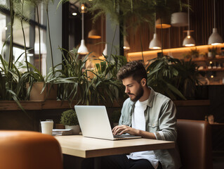 A hipster millennial man using laptop in the cafe or restaurant, working online - Powered by Adobe