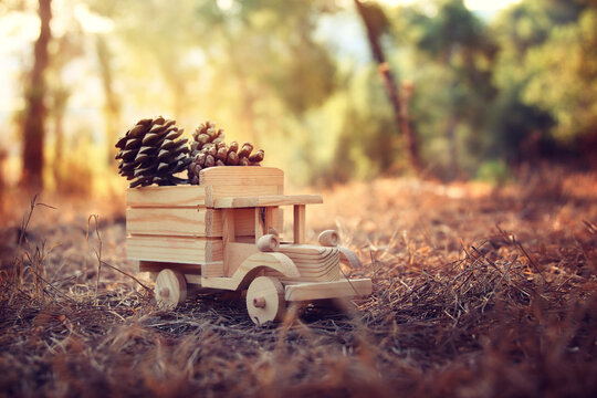 Nostalgic and magical image of wooden car in the forest at sunset