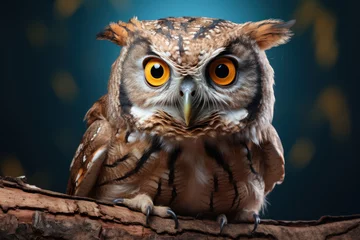 Deurstickers A curious owl perched on a branch, turning its head almost 180 degrees to give an exaggerated double take. Concept of owl surprise. Generative Ai. © Sebastian
