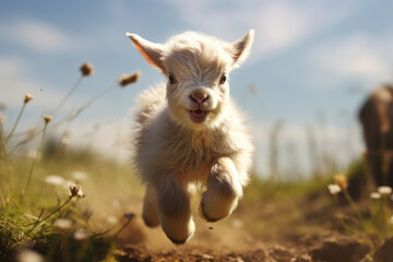 A baby goat hopping around like a spring-loaded toy, displaying boundless energy and enthusiasm. Concept of goat playfulness. Generative Ai.