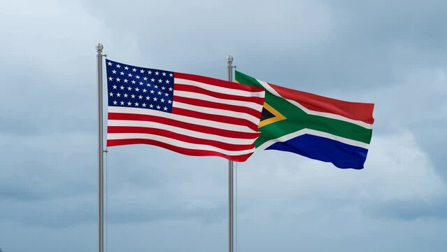 Republic of South Africa and United State or USA flag waving together on cloudy sky, endless seamless loop, two country cooperation concept