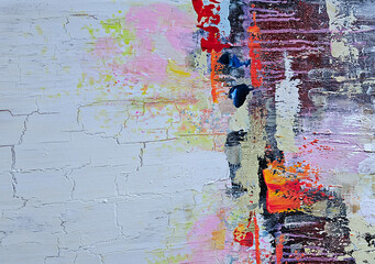 Fragment abstract oil paintings in pink, white, red and black colors. Color texture. Fragment of artwork. Brush strokes of paint. Modern art.