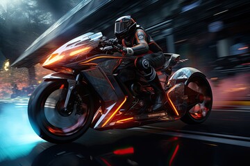 Obraz premium Futuristic cyclist flies on track surrounded by holograms and adrenaline., generative IA