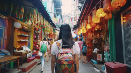 Woman traveling in city lifestyle china town street food market Bangkok, Thailand.