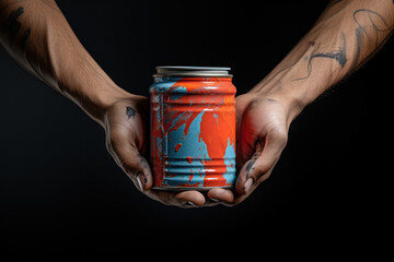 A person's hand clutching an empty paint can, representing the challenges of addiction to inhalants like paint fumes. Generative Ai.